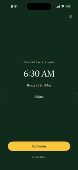 The evening turn-down screen for rating the day and setting tomorrow's intention