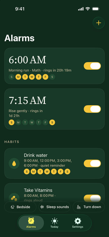 The Composure alarm list: a 6:00 AM weekday alarm with a math mission, a 7:15 AM weekend alarm, and two habits