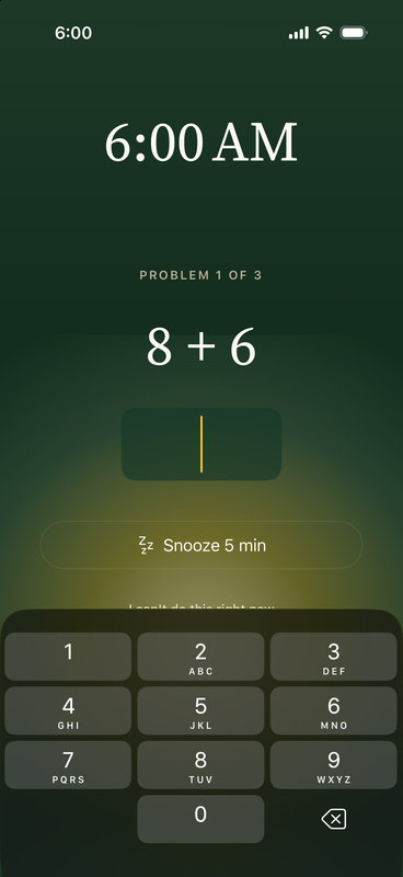 A 6:00 AM alarm's math mission on a keypad, problem 1 of 3, with the sunrise rising behind it
