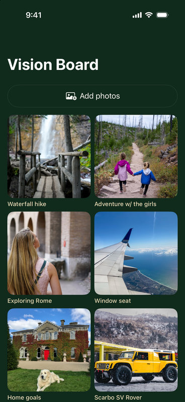 A vision board of six captioned photographs inside the app
